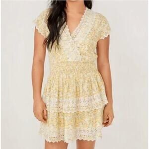 NWT NEW American Eagle Linen Garden Party Tiered Ruffle Floral Yellow Mini Dress